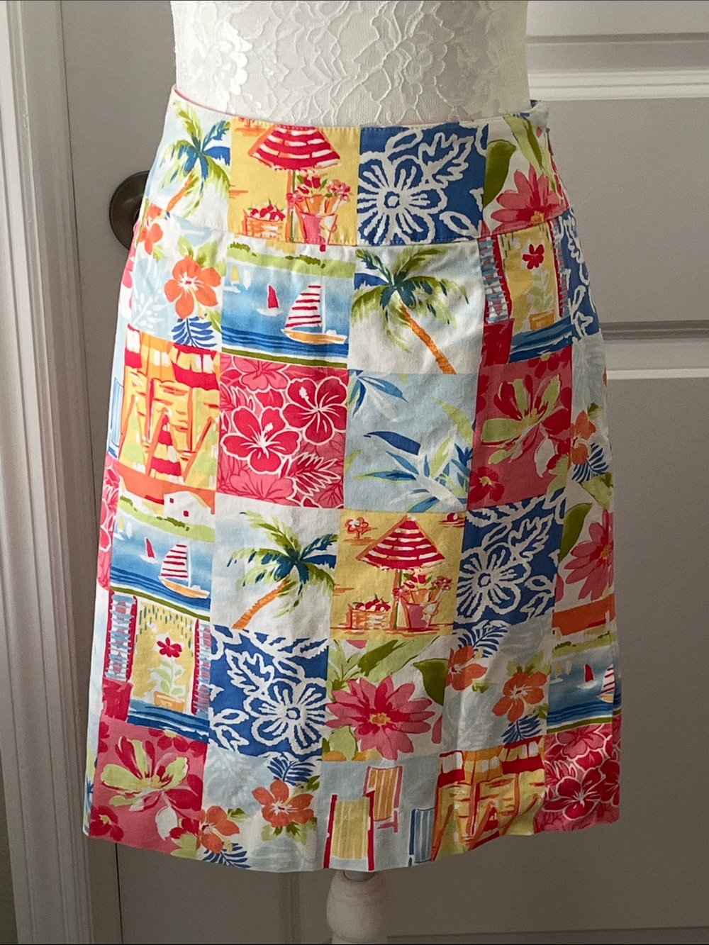Talbots Multicolor Tropical Patchwork Beach Theme Skirt VTG Made in USA SZ 8
